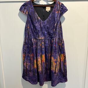 ModCloth Dress Womens 2X Purple Woodland Forest Print V Neck Fit Flare Pockets